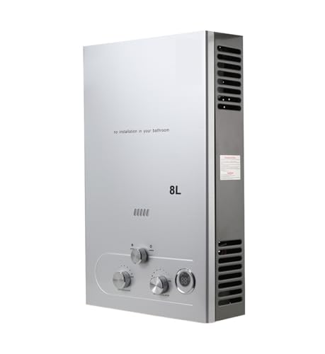 Calentador De Agua De Gas Propano Sin Tanque De 8L, Calentador De Agua Caliente Instantáneo LPG De 16kW, Caldera Con Pantalla LED For Acampar Al Aire Libre Con Kit De Cabezal De Ducha(Silver)