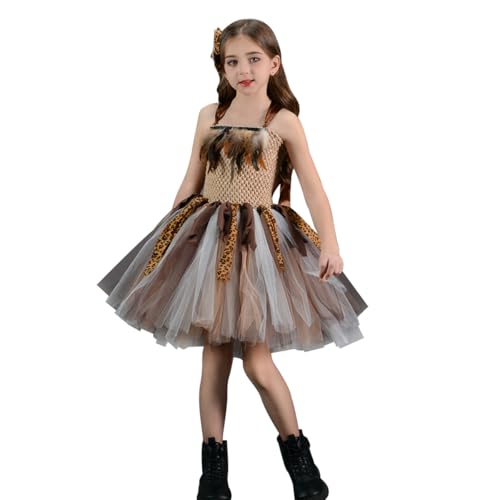 IBAKOM Girls Cosplay Indian Cavegirl Princess Costume Ruffle Tulle Dress and Hair Bow Role Play Costume for Kids Girls Brown L/6-7Y