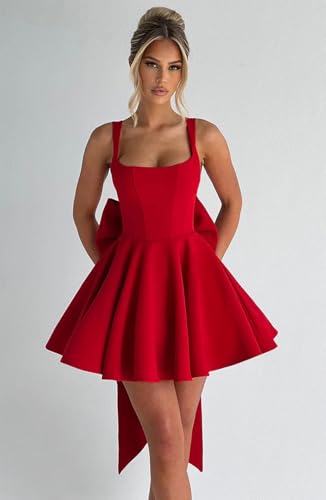 Short Homecoming Dresses with Bow Satin Spaghetti Straps Square Neck Corset Prom Formal Cocktail Dress3