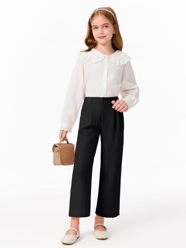 Image of Haloumoning Girls Uniform Pants Kids High Waisted Wide Leg Dress Pants Casual Trousers with Pockets 5-14 Years