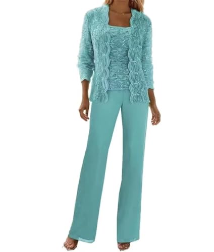 Image of 3 Pieces Chiffon Lace Mother of The Bride Pant Suits with Jackets Sequins Wedding Guest Dresses for Women