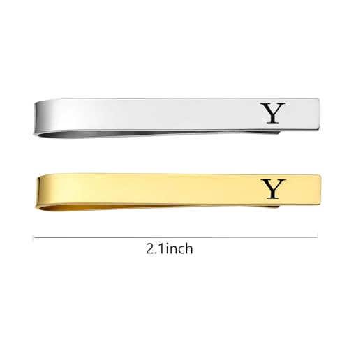 Image of GWD Stainless Steel Tie Clips for Men Personalized Initial Tie Bar Set | 2 Pcs Classic Letter Tie Clips for Men, Silver and 14K Gold Plated Tone
