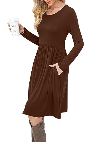 Image of DB MOON Women Casual Long Sleeve Dresses Empire Waist Knee Length Loose Dress with Pockets