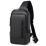 Dwenles Sling Bag for Men | Anti-theft Crossbody Bag USB PU Leather Shoulder Bag Chest Bag for Daily use Waterproof Lightweight One Strap Backpack, Black