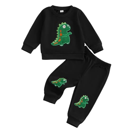 wdehow Toddler Baby Boy Fall Clothes Dinosaur Embroidered Long Sleeve Sweatshirt Elastic Waist Pant Set Winter Outfits