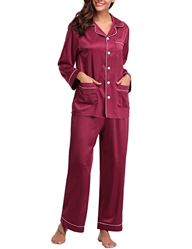 Anna-Kaci Lounge Women's Satin Pajama Set with Lace Sleeve Detail and Matching Tie-Waist Top and Straight-Leg Pants