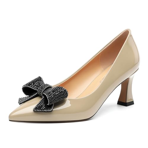 Image of Heels for Women Closed Patent Pointed Toe Bow Pumps Slip on Kitten Low Heels Wedding Party Dress Office Shoes 2.5Inch