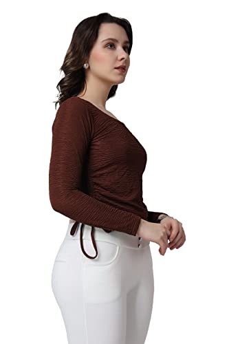 Image of POPWINGS Casual Self Design Regular Fit Polyester Full Sleeves Crop Tops for Women with Crush String