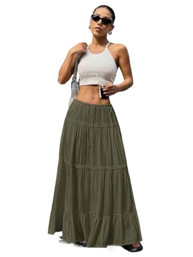 Women's 2025 Summer Casual Long Skirts Solid Color Ruffle Hem Long Casual Skirt