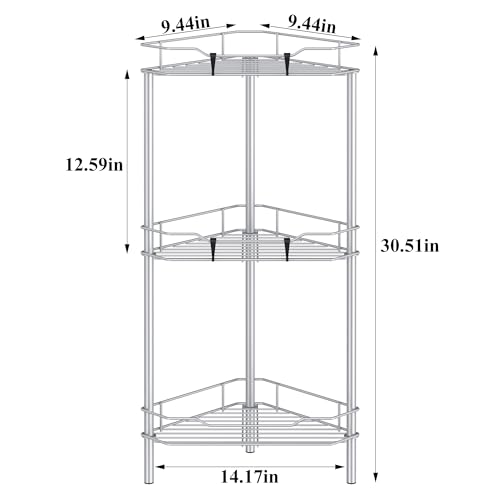 Image of HuggieGems 3 Tier Floor Standing Corner Shower Caddy Organizer Shelf with Hooks, Bathroom Shelves Stand Rack, Silver