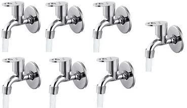 Spazio Prime Collection Bib Cock Tap Bathroom Tap Foam Flow Water with Wall Flange (Chrome Plated, Brass Disc, Pack of 7) Bib Tap Faucet (Wall Mount Installation Type)