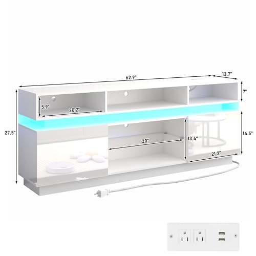 chartustriable LED TV Stand for 75 Inch TV, Modern Tall Entertainment Center with Power Outlets, High Gloss TV Stand, Gaming TV Media Console with Glass Shelf for Living Room, 63 Inch, White