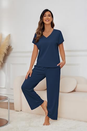 Andeip Womens Pajama Sets Short Sleeve Top and Long Pants Loungewear 2 Piece Lounge Set2