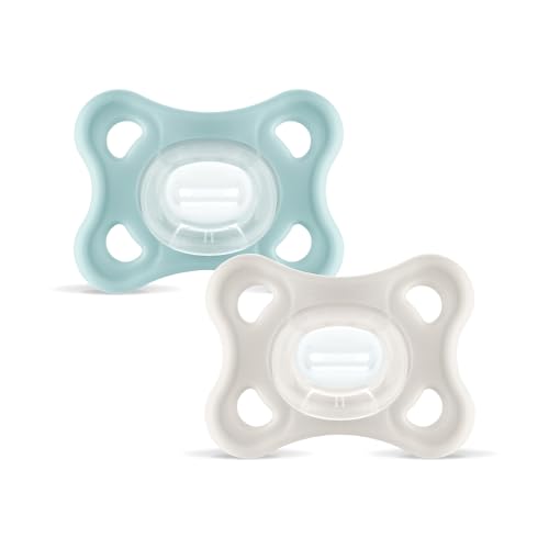 MAM Comfort Succhietto 3-12 mesi (Set da 2), Ciuccio MAM 3-12 mesi in 100% silicone con design unico, Kit da 2 accessori neonato morbidi e leggeri con porta ciuccio sterilizzatore, Neutro