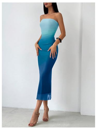 Image of GORGLITTER Women's Sunset Ombre Strapless Cocktail Bridal Shower Midi Dress | Orange Wedding Guest Dress, Mesh Tube Dress, Bridesmaid Dresses, Vacation Beach Sundresses,