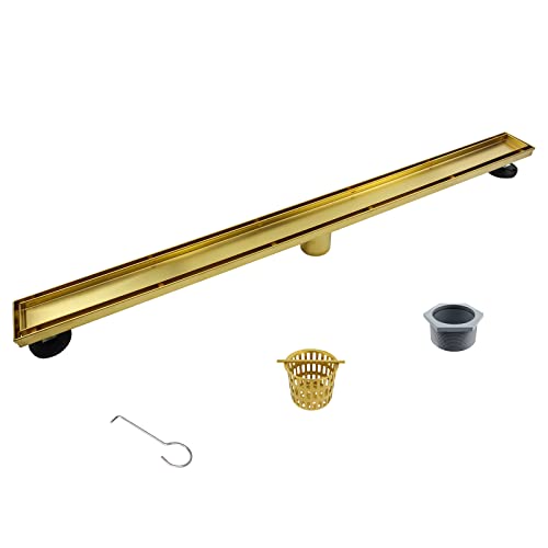 Image of Linear Shower Drain 36 inch, Brushed Gold Floor Drain with Tiled Insert Grate & Hair Strainer, 304 Stainless Steel Bathroom 2-in-1 Tiled in Drain, CUPC Certified (Brushed Gold, 36'')