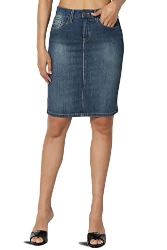 TheMogan Stone Wash Jean Pencil Knee Length Midi Stretch Denim Skirt