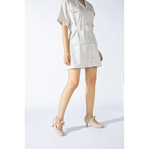 Women's Bowknot Mary Jane Low Kitten Heel Pumps Closed Toe Elastic Strap Dress Office Work Bridal Wedding Party Shoes4