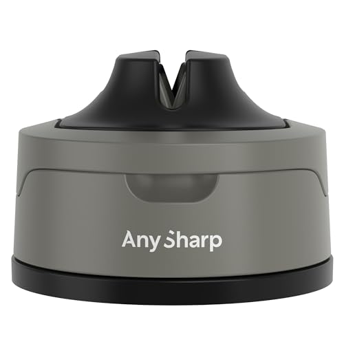 AnySharp Evo Afilador de Cuchillos, Seguridad sin Manos, Ventosa, Afila con Seguridad Todos los Cuchillos de Cocina, Ideal para Acero Endurecido y Dentados, Compacto, Gris