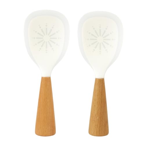 Image of Supvox Non-Stick Rice Paddles, Set of 2 Freestanding Wooden Handle Rice Paddle, Non-Abrasive & Heat Resistant Food Grade Silicone Rice Scoop, 8.3 inch