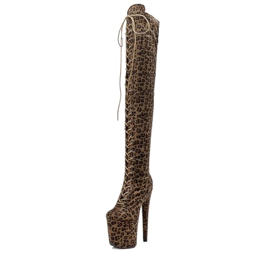 WUXIN H&P Women's Over The Knee Exotic Heels Boots Platform Zip Lace Up Sexy Leopard Print Fashion Party Round Toe Stiletto 8 inch Pole Dance Thigh High Heel
