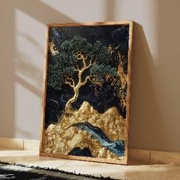Paysage Noir et Or affiche arbre doré 50x70cm pour réchauffer une pièce blanche