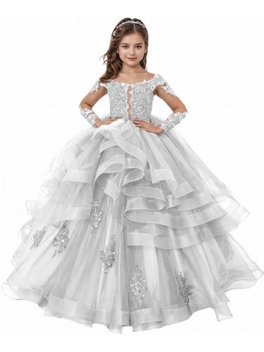 Flower Girl Dress for Wedding Tulle Appliques Lace Pageant Long Sleeve Formal Party Ball Gown