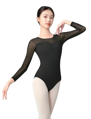 RuiBalletto Mesh Long Sleeve Dance Leotard for Women,Teens, Ballet Bodysuits