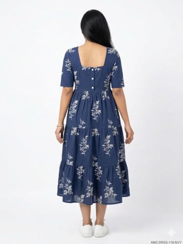 Image of Women's Cotton Floral Leaf Print Tiered Midi Dress - Square Neck, Short Sleeve A-Line Smock Dress for Casual Summer & Vacation Wear