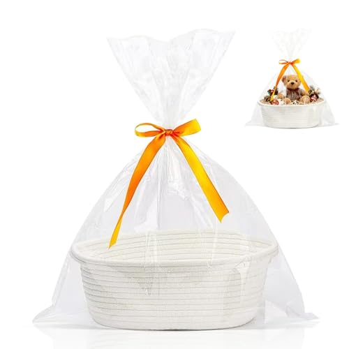 Geschenkkorb Leer, Aufbewahrungskorb,Geflochten Korb für Geschenke mit Geschenktüten und Bändern, Präsentkorb Leer für Babyparty, Geburtstag, Hochzeit, Ostern, Erntedank, Weihnachten (Weiß)