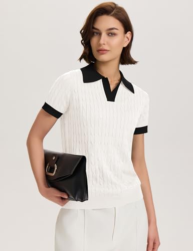 Image of Micoson Womens Short Sleeve Sweater Tops Lapel V Neck Polo Shirts 2026 Summer Cable Knit Loose Blouse Business Casual Outfits