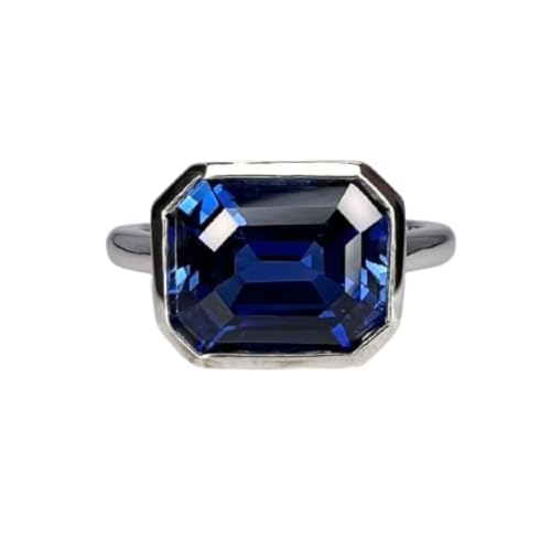 Ssjewel 4 Ct Emerald Cut Sapphire East West Diamond Delicate Simple Solitaire Elegant Stackable Birthstone Engagement Rings For Women 14K White Gold Plated 925 Sterling Silver Handmade Gift For Her