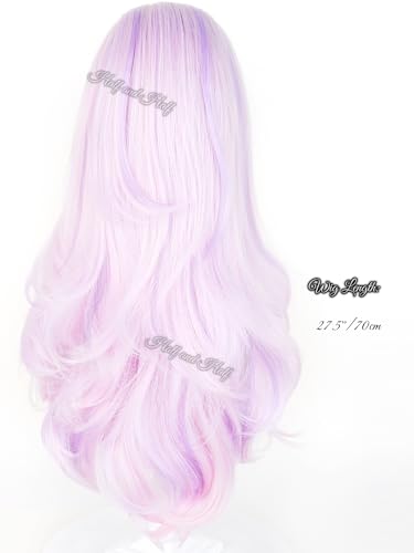 Image of Takako Uro Cosplay Wig Long Curly Pink and Light Purple Anime Wig for Women Vibrant Pink Wigs with Long Side Part Bangs for Halloween Party Daily