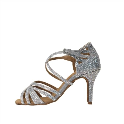 EAKLVB Women Ballroom Dance Shoes Diamond-Studded Fashion High Heel Professional Practice Performance Sandals (Silver, Adult, Women, 11, Numeric, US Footwear Size System, Medium)