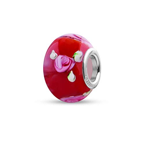 Preisvergleich Produktbild Quiges Glas Bead Perle für Damen Handgemacht Rot mit Rosa Rosen