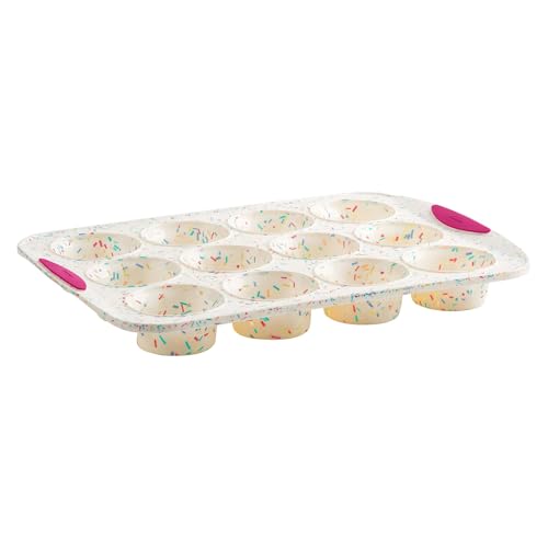 Trudeau Reinforced Structured Silicone Muffin Pan, 12-Cup, Confetti/Fuchsia – Hybrid Silicone & Hard Lining for Shape Retention, Non-Stick, Dishwasher Safe, BPA-Free Bakeware for Muffins & Cupcakes