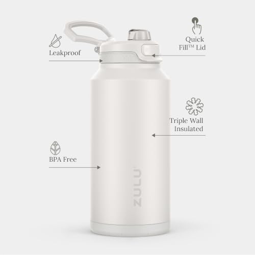 Image of ZULU Powerfill Pro 64oz Half Gallon Stainless Steel Water Bottle with Quick Fill Lid, Triple Walled Vacuum Insulated Metal, Leak Proof Locking Lid, Sip and Chug, Reusable BPA Free, White Monochrome