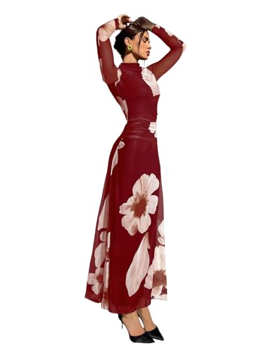 Image of Verdusa Women's Floral Wedding Guest Dress Long Sleeve Mesh Slimming Cocktail Vacation Maxi Dresses