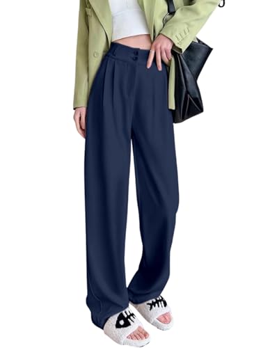 Image of Aahwan Solid Dark Blue Korean Baggy Parallel Formal Pant for Women's & Girls'