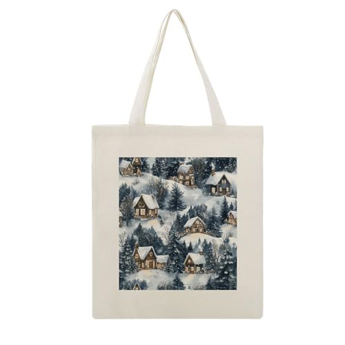 Winter Villages Tote Bags Canvas Ideal for Beach Shopping Travel Groceries Cozy Holiday Ladies Grocery Bag
