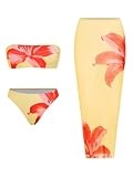 ZAFUL Womens 3pcs Swimsuit Floral Print Bandeau Bikini Set Triangle Bottom with Long Sheer Cover Up Skirt Yellow M