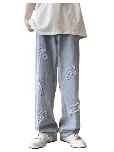 SOLY HUX Men's Ripped Jeans Y2k Gothic Distressed Straight Leg Baggy Denim Pants Streetwear