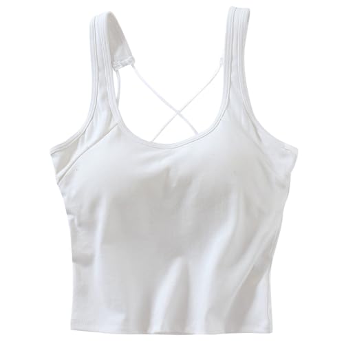 Women's Cotton Crop Tank Tops Built in Bras Crisscross Back Spaghetti Strap Camisole Summer Casual Yoga Workout Undershirts