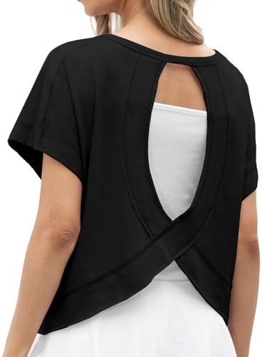 GRECERELLE Womens Open Back Workout Tops Active Shirt Backless Athletic Gym Crop Tees Running Y2k Yoga, Black, Small
