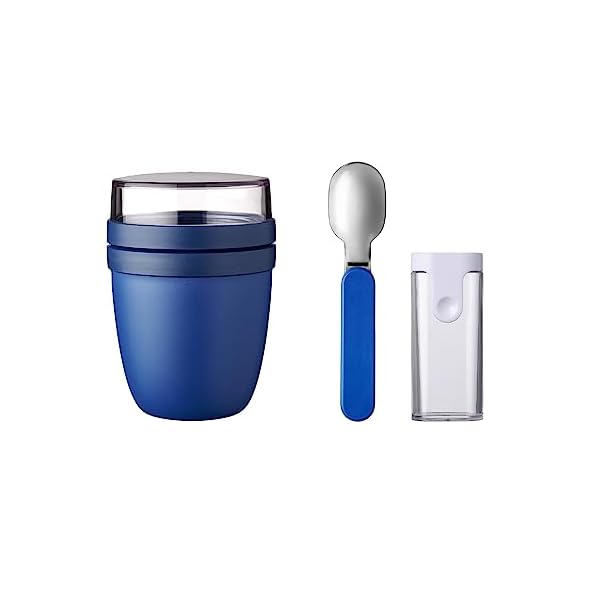 Mepal - Klapplöffel Set mit Lunchpot Ellipse - Praktischer Joghurtbecher & Müslibecher - Unterteilung für Joghurt & Müsli - Geeignet für Gefrierschrank, Mikrowelle & Spülmaschine - Vivid Blue