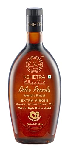 Image of Kshetra Wellvia Extra Virgin Groundnut /Peanut Oil 500ml Bottle | Dolce Peanola | High Oleic Cold-Pressed Oil for Heart Health | Rich in MUFA & Vitamin E