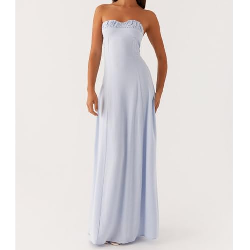 Image of Women Tube Top Maxi Dress 2025 Elegant Sleeveless Strapless Ruched Flowy Summer Long Wedding Party Cocktail Dresses