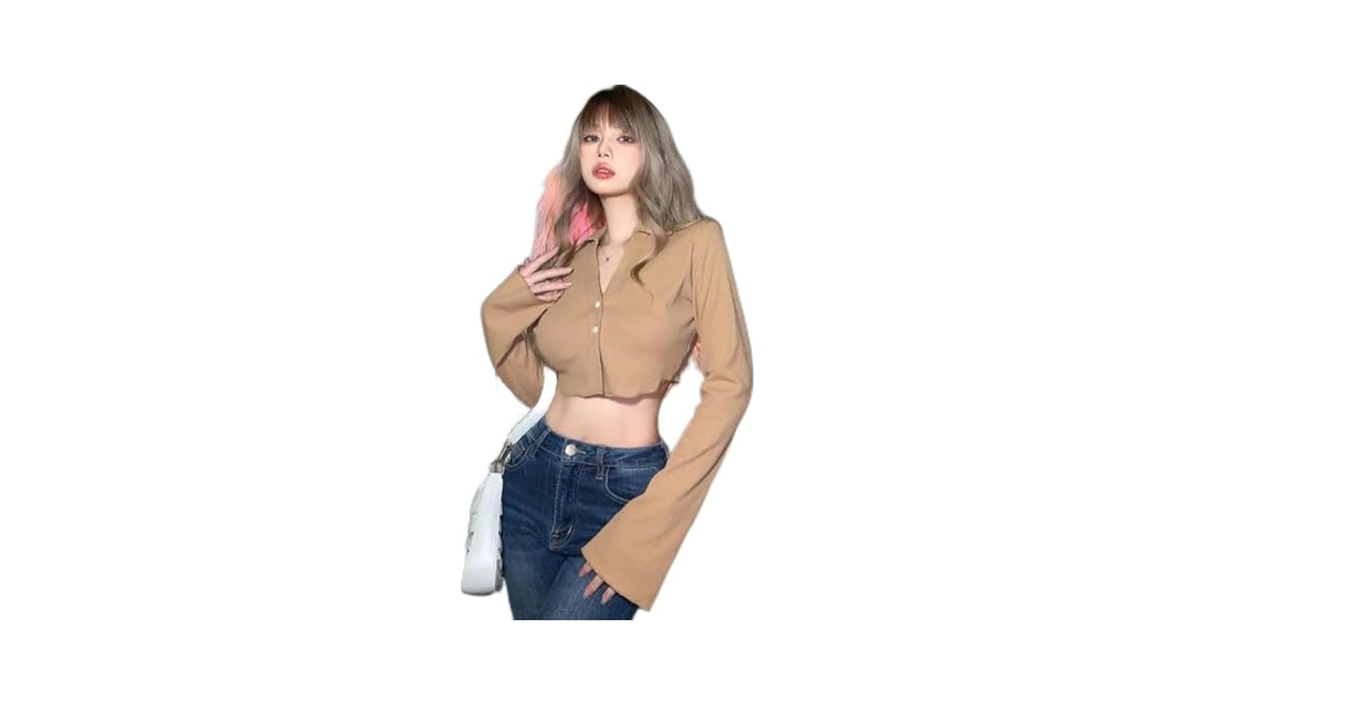 Curensology ベージュショート丈トップス Amazon | ベージュ 長袖 クロップド丈 L レディース 韓国