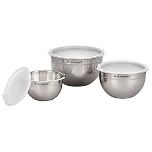Le Creuset Set of 3 Nested Mixing Bowls w/Nonslip Silicone Base & Plastic Air Tight Lids, Large, Stainless Steel