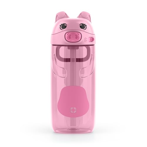 Ello Ellies 16oz Plastic Kids Water Bottle with Straw and Built-in Carrying Handle and Leak-Proof Locking Lid for School backpack, Lunchbox and Outdoor Sports, Pig